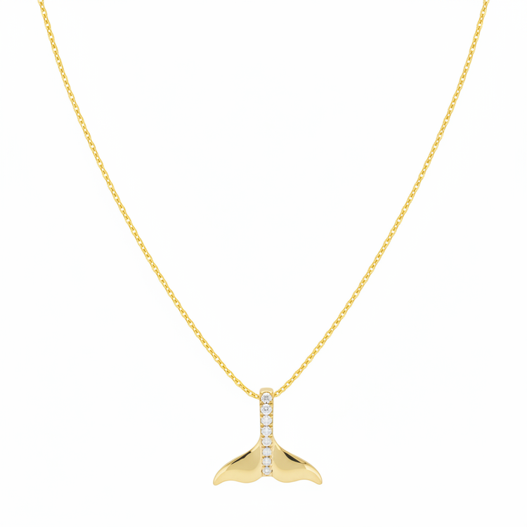 14k Gold Cable Chain with Diamond Whale Tail Pendant - V Shape