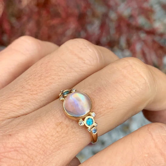 14K Rainbow Moonstone, Sapphire, Blue Zircon, + Diamond Ring