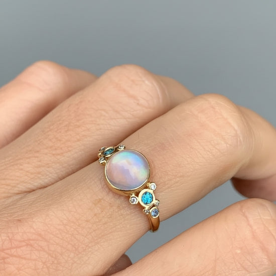 14K Rainbow Moonstone, Sapphire, Blue Zircon, + Diamond Ring