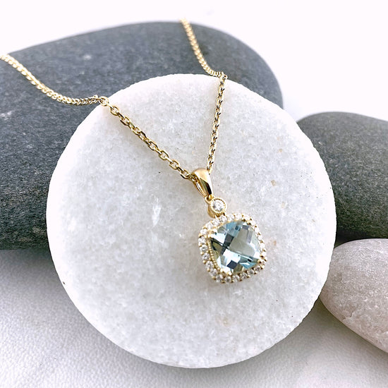 14k Gold Aquamarine + Diamond Halo Necklace
