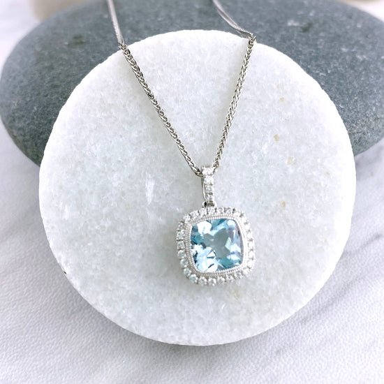 14k Cushion Cut Aquamarine + Diamond Necklace