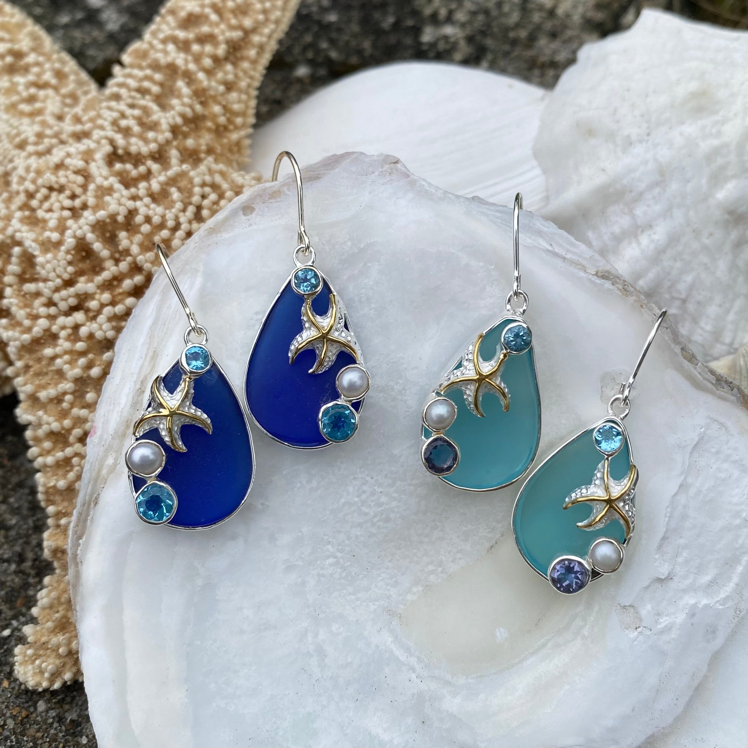 Sea Life Sea Glass Earrings Cobalt Blue