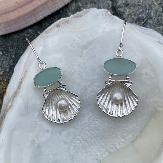 Scallop Shell + Sea Glass Earrings