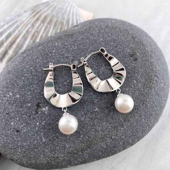 Silver + Pearl Scalloped Hoop