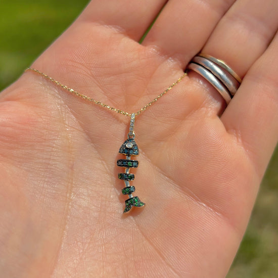 14K Gem Fish Bone Pendant