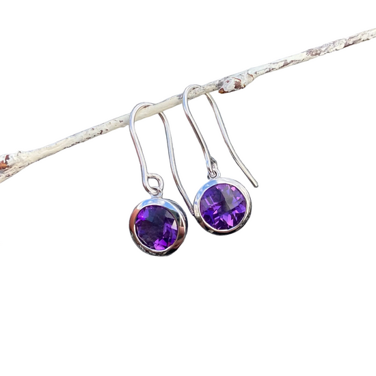Amethyst Round Bezel Set Earrings