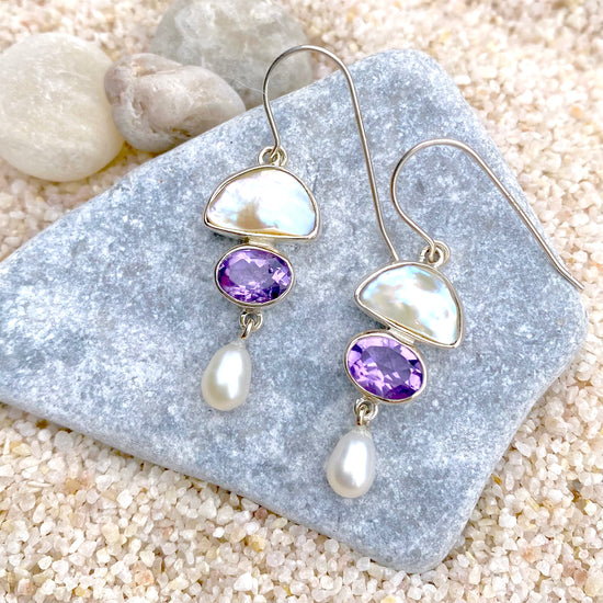 Sterling Silver Pearl + Amethyst Drop Earrings
