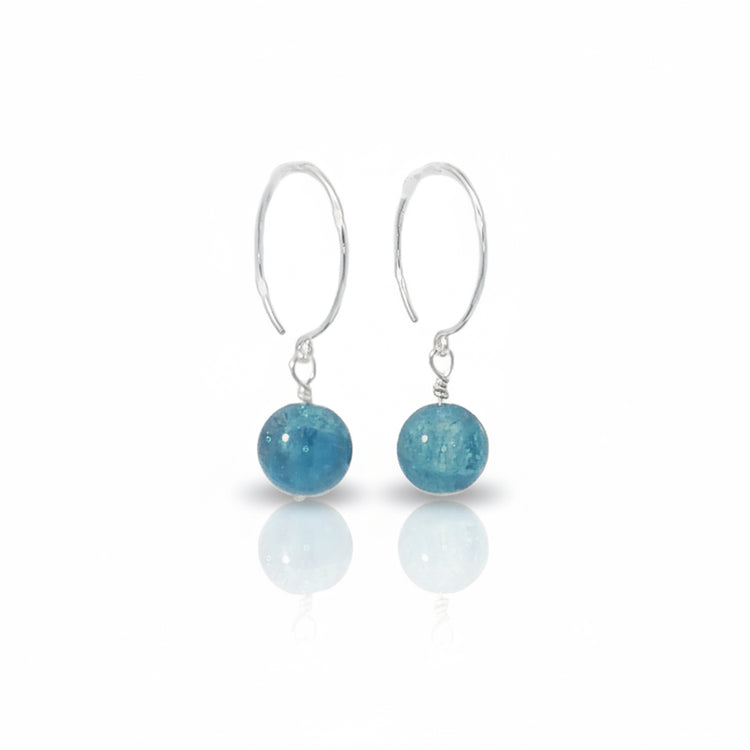 Pair of earrings with blue spherical stones on white background