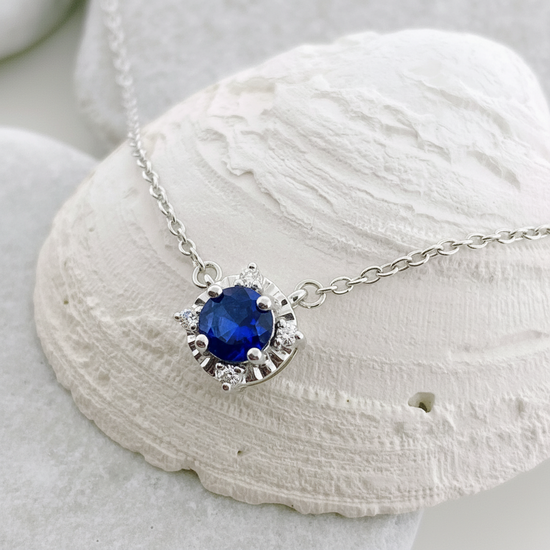 Sterling Silver Lab Sapphire+ Diamond Necklace