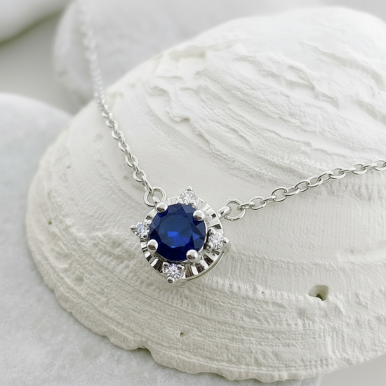 Sterling Silver Lab Sapphire+ Diamond Necklace