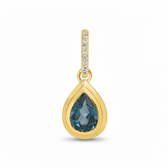 14k yellow gold water drop charm with crisp diamond enhancer and pear-shaped blue stone
