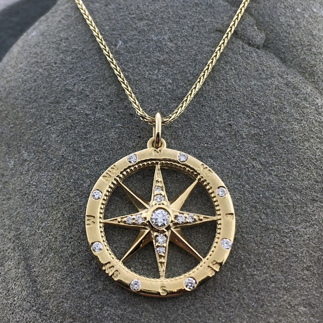 Sterling Silver Mens Gold Compass Necklace Large 14K Gold Diamond