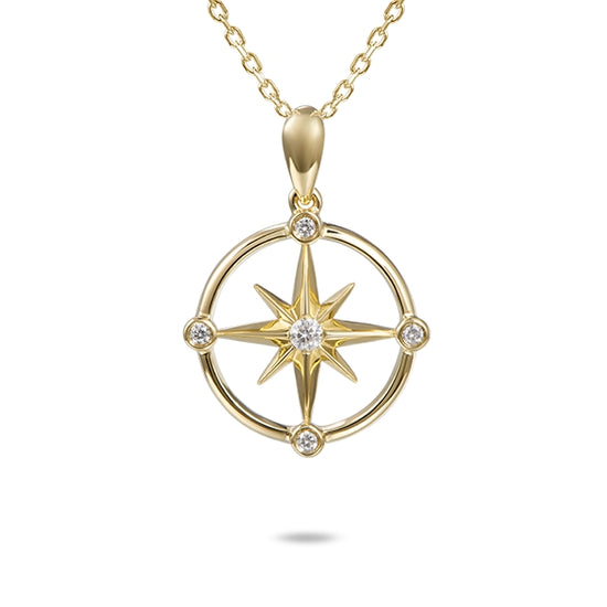 14K Gold + Diamond Sunburst Compass Pendant