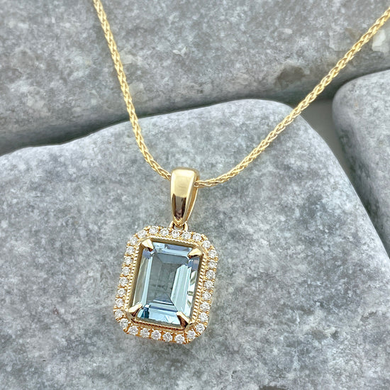Emerald Cut Aquamarine + Diamond Necklace