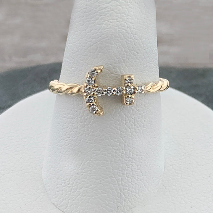 14K Yellow Gold Twisted Nautical Rope & Anchor Diamond Ring