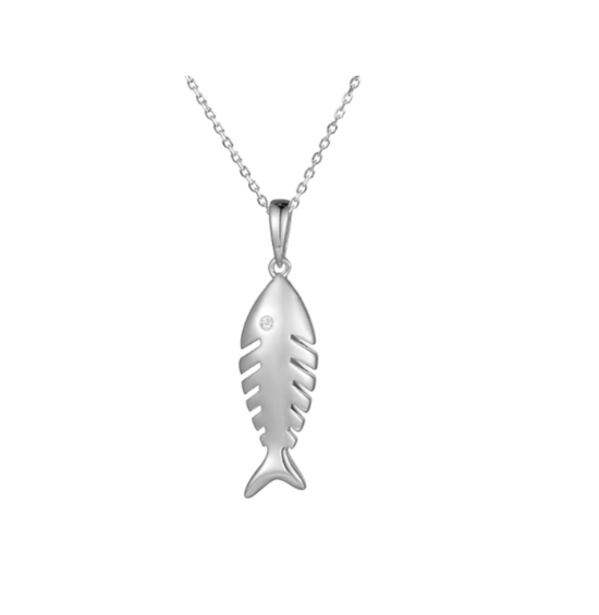 Sterling Silver Fish Bone Pendant with Crystal Eye