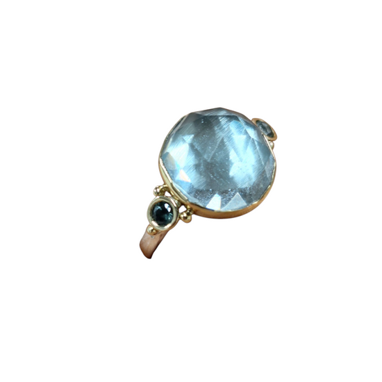 14K + Sterling Silver Rose Cut Blue Topaz + Sapphire Ring