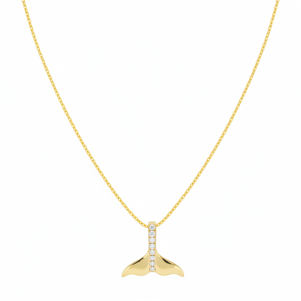 14k Gold Cable Chain with Diamond Whale Tail Pendant - V Shape