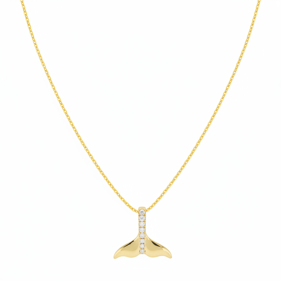 14k Gold Cable Chain with Diamond Whale Tail Pendant - V Shape