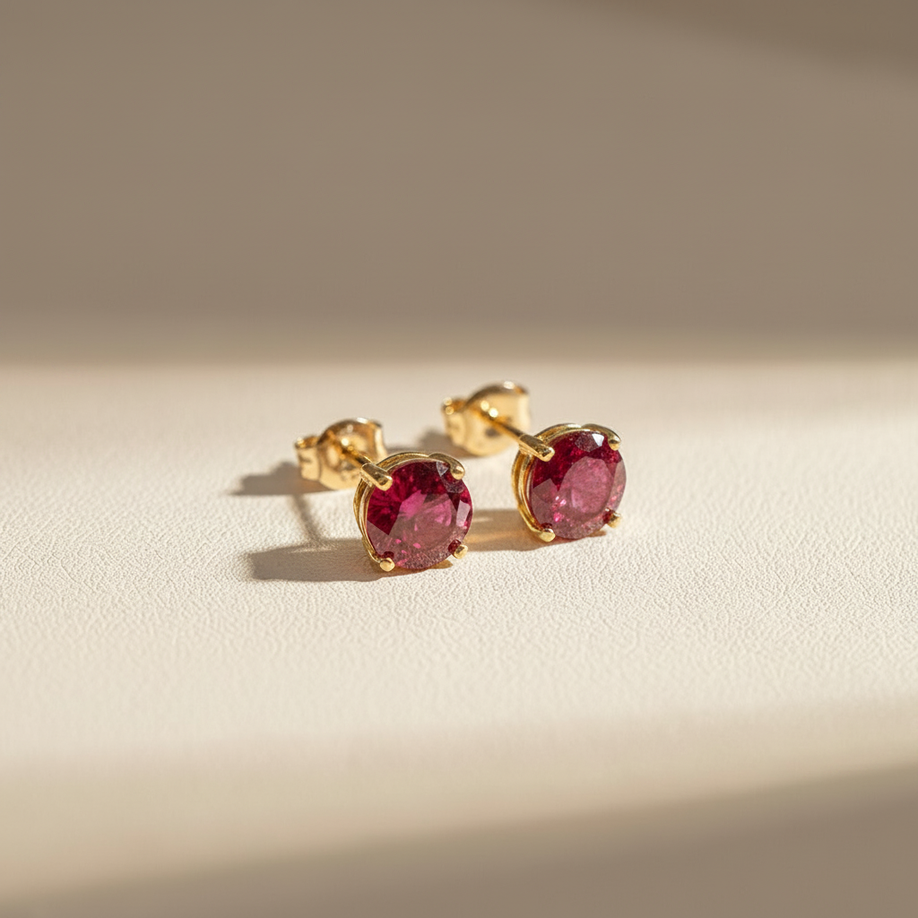 14k Ruby Stud Earrings - Warm Lighting