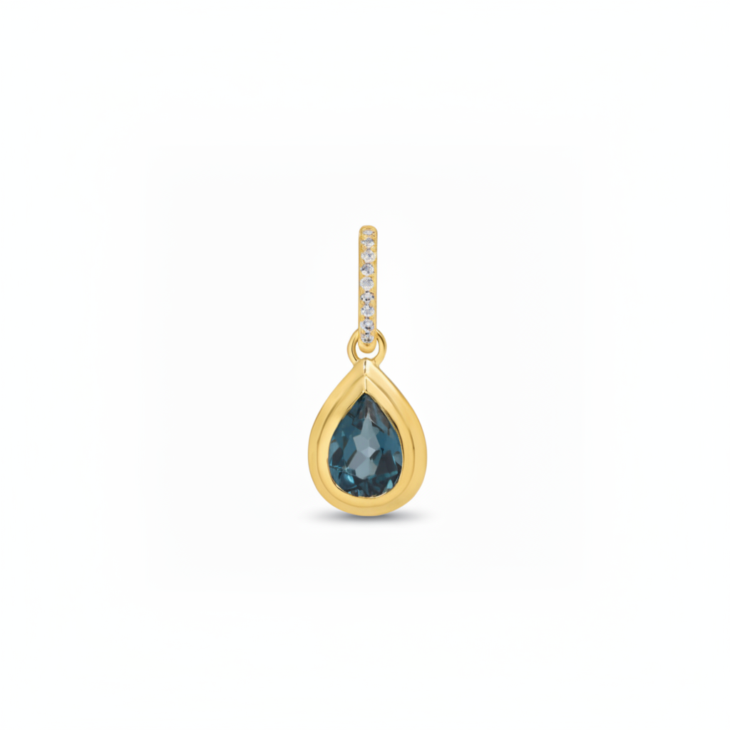14k yellow gold London blue topaz water drop charm with diamond enhancer and generous white space