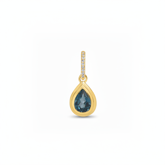 14k yellow gold London blue topaz water drop charm with diamond enhancer and generous white space