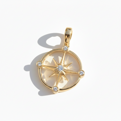 14K Gold + Diamond Sunburst Compass Pendant