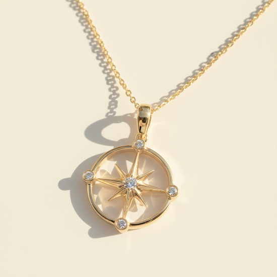 14K Gold + Diamond Sunburst Compass Pendant
