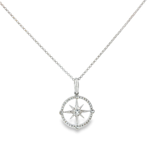 14K White Gold Aquamarine + Diamond Compass Necklace