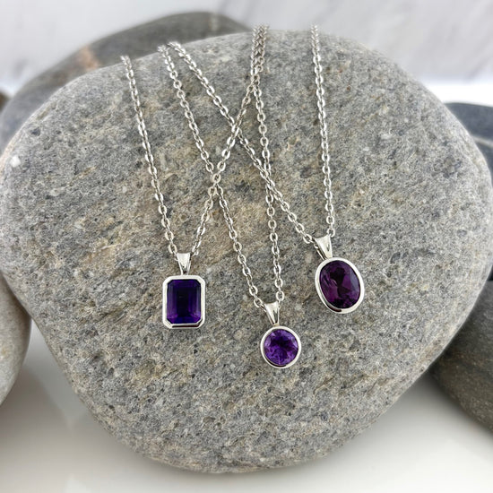 Sterling Silver Round Bezel Set Amethyst Necklace