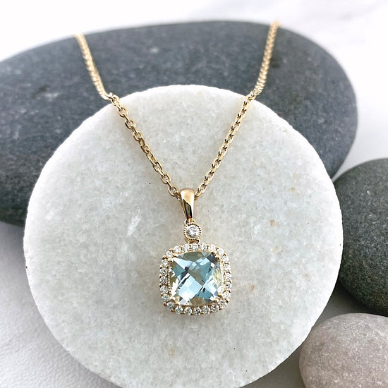 14K Gold Aquamarine + Diamond Halo Necklace