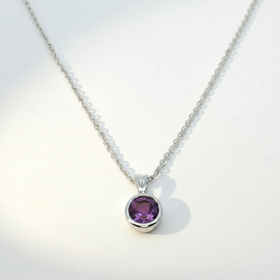 Sterling Silver Round Bezel Set Amethyst Necklace