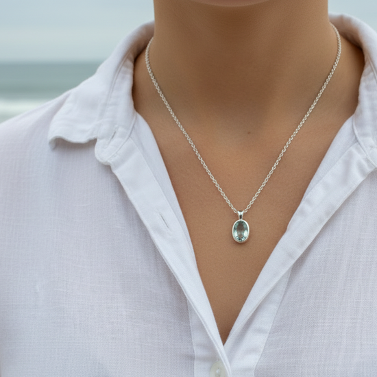 Sterling Silver Oval Aquamarine Bezel Necklace