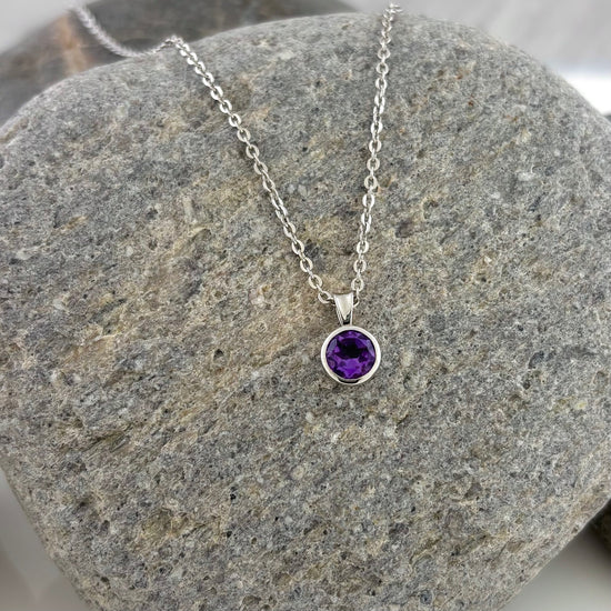 Sterling Silver Round Bezel Set Amethyst Necklace