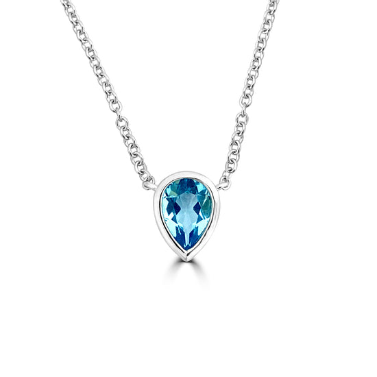 14K Gold Blue Topaz Teardrop Bezel Necklace