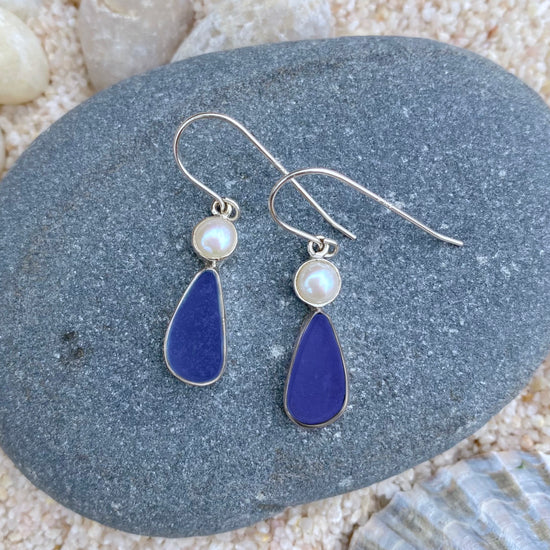 Cobalt Sea Glass + Pearl Drop Earrings