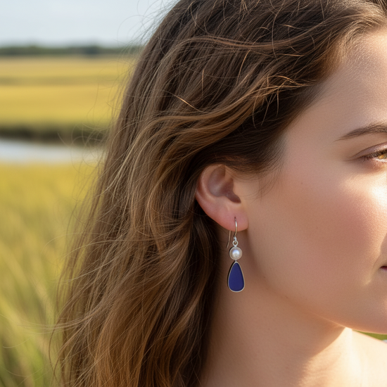 Cobalt Sea Glass + Pearl Drop Earrings
