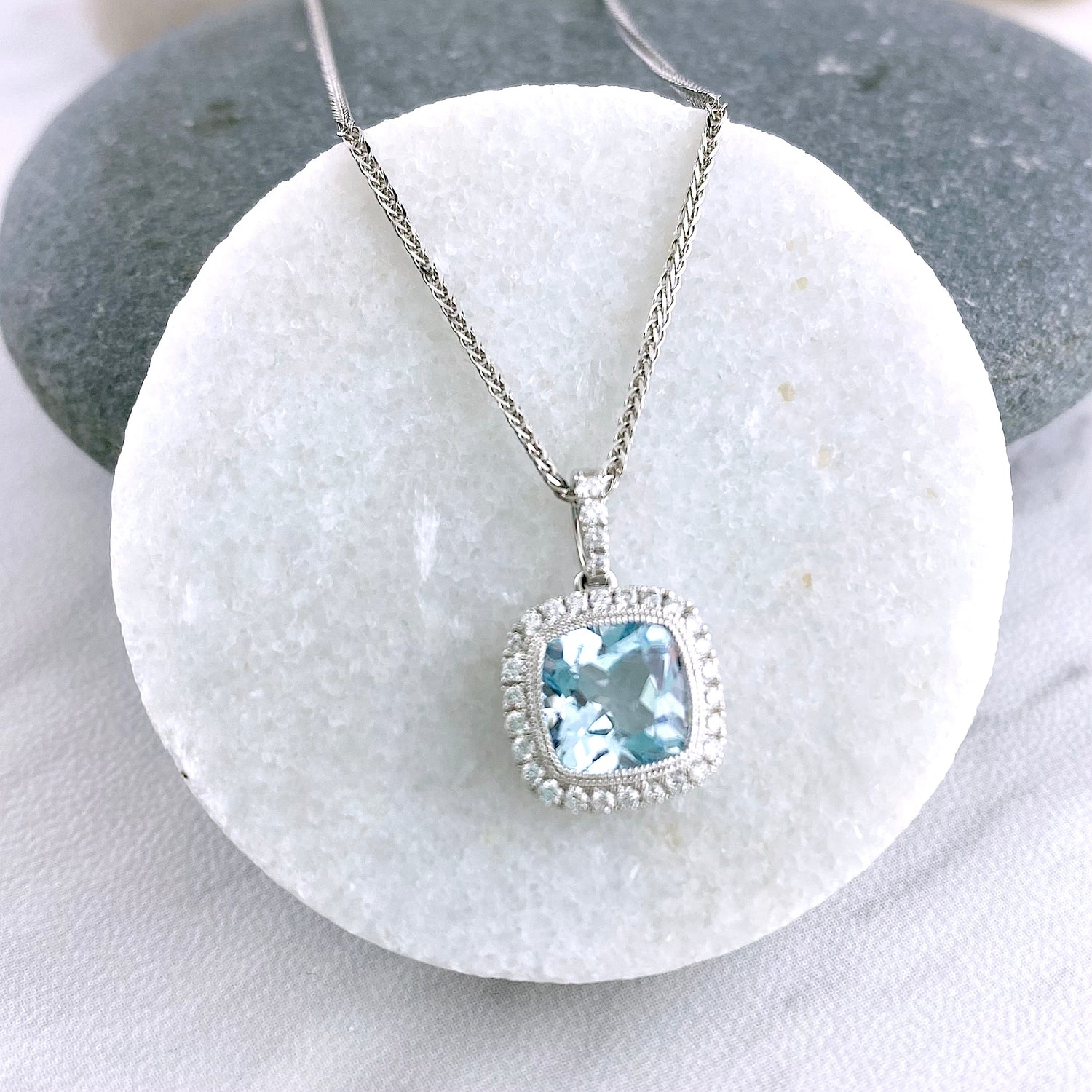 14k Cushion Cut Aquamarine Diamond Necklace – Cape Cod Jewelers
