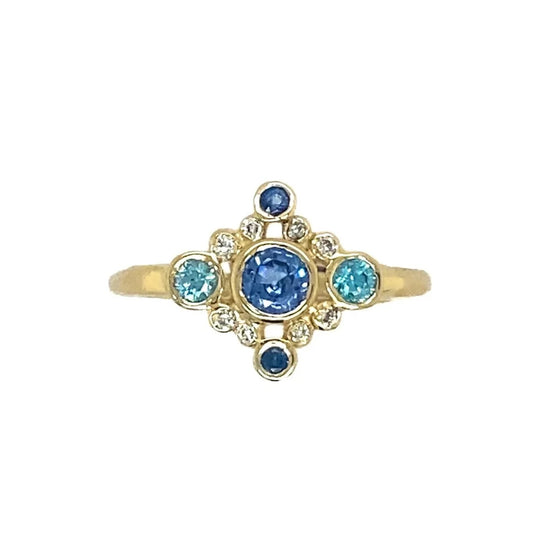 14K Andromeda Sapphire, Diamond + Blue Zircon Ring