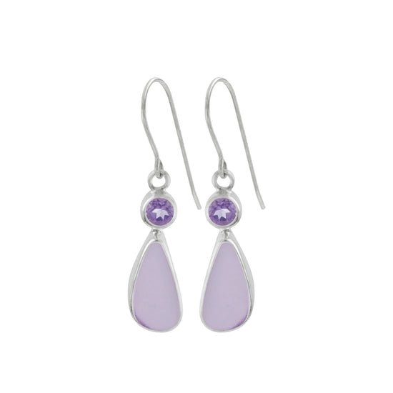 Lavender Sea Glass + Amethyst Drop Earrings