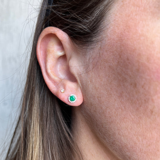 Emerald + Diamond Halo Stud Earrings