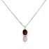 Silver necklace with a red garnet gemstone pendant on a white background