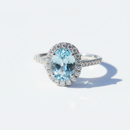 Diamond Halo Aquamarine Ring