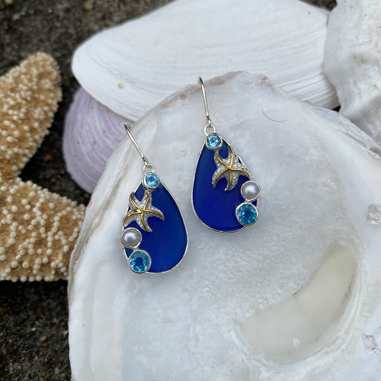 Sea Life Sea Glass Earrings Aqua