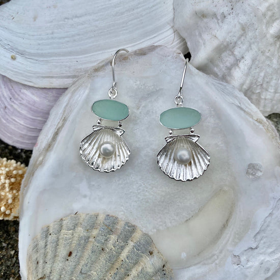 Scallop Shell + Sea Glass Earring