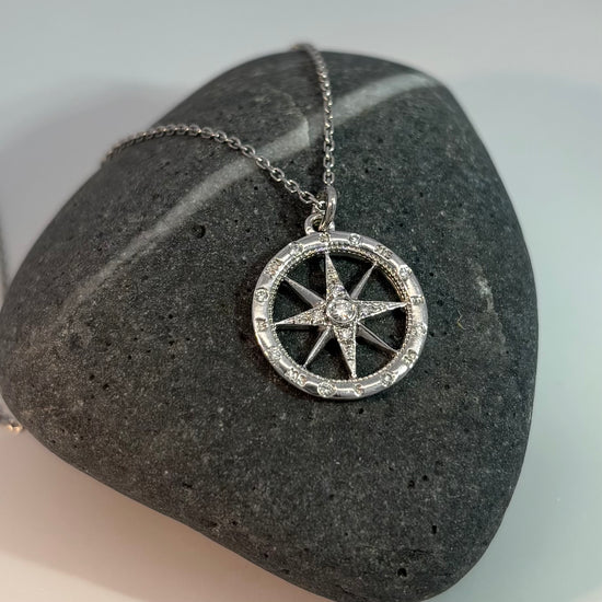 Small 14K Gold + Diamond Compass Necklace