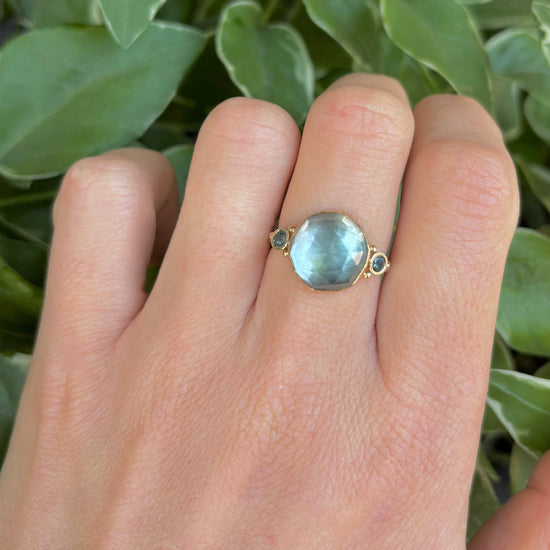 14K + Sterling Silver Rose Cut Blue Topaz + Sapphire Ring