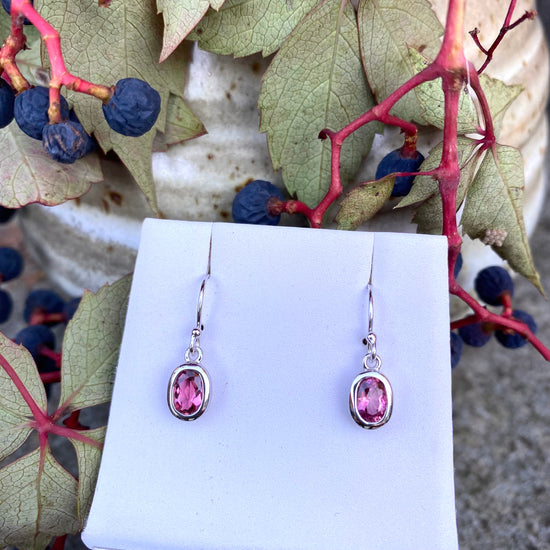 Pink Tourmaline Silver Bezel Drop Earrings