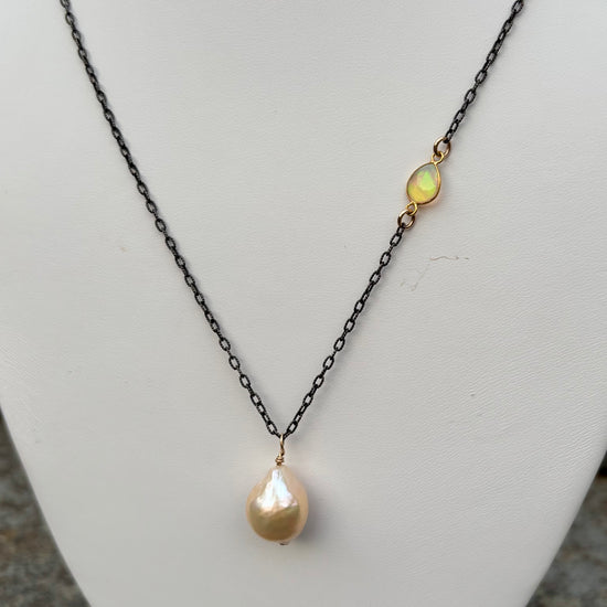 Oxidized Opal and Pearl Necklace