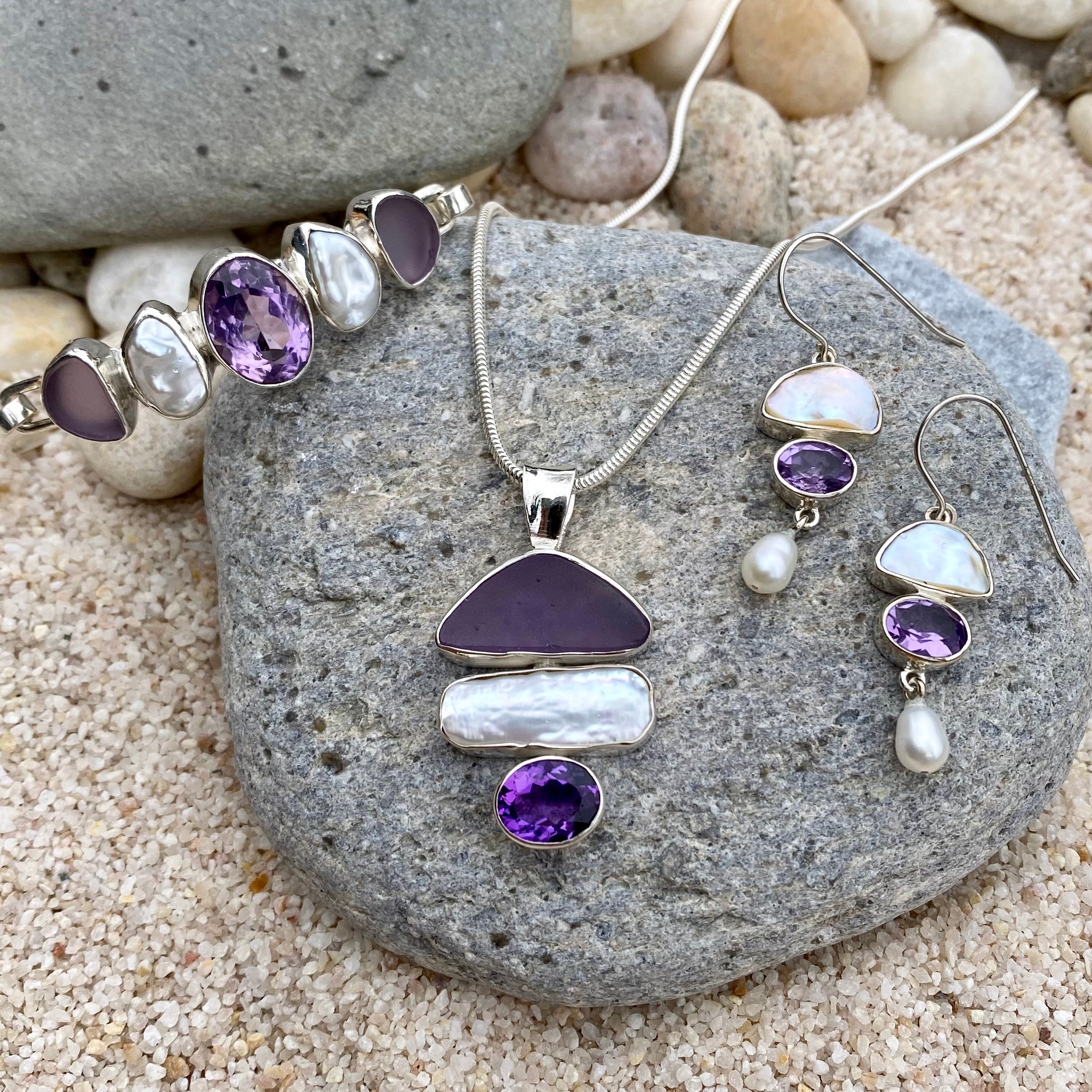 Classic deep violet amethyst, light ivory drop pearl and sterling silver earrings - select earwires (February & July offers birthstones)